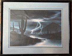 B. Schader Blue Desert Landscape „Lightning Over the Desert“ Lithograph 30×37