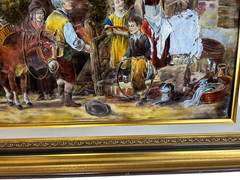 Pierre Bonnet Limoges Enamel on Copper Silver Foil Plaque Village Scene C. 1955