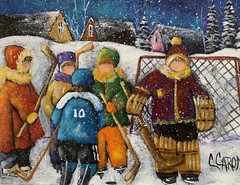 1950’S EVENING WINTER SCENE OF YOUNG HOCKEY PLAYERS C. CARON signed/certificate