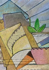 Vintage Mid-Century Cubist Abstract Painting Geometric Stylized Profile 30”