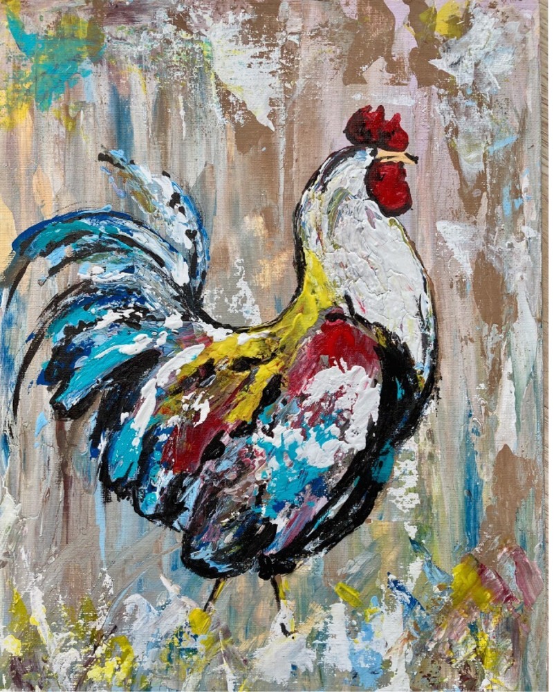 Rooster. Original acrylic painting on flat canvas. 9×12 inches.Signed