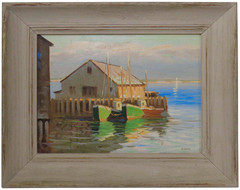 IRENE STRY (USA, 1899-1963) PROVINCETOWN MA SGND O/B HIGGINS WHARF/FISHING BOATS