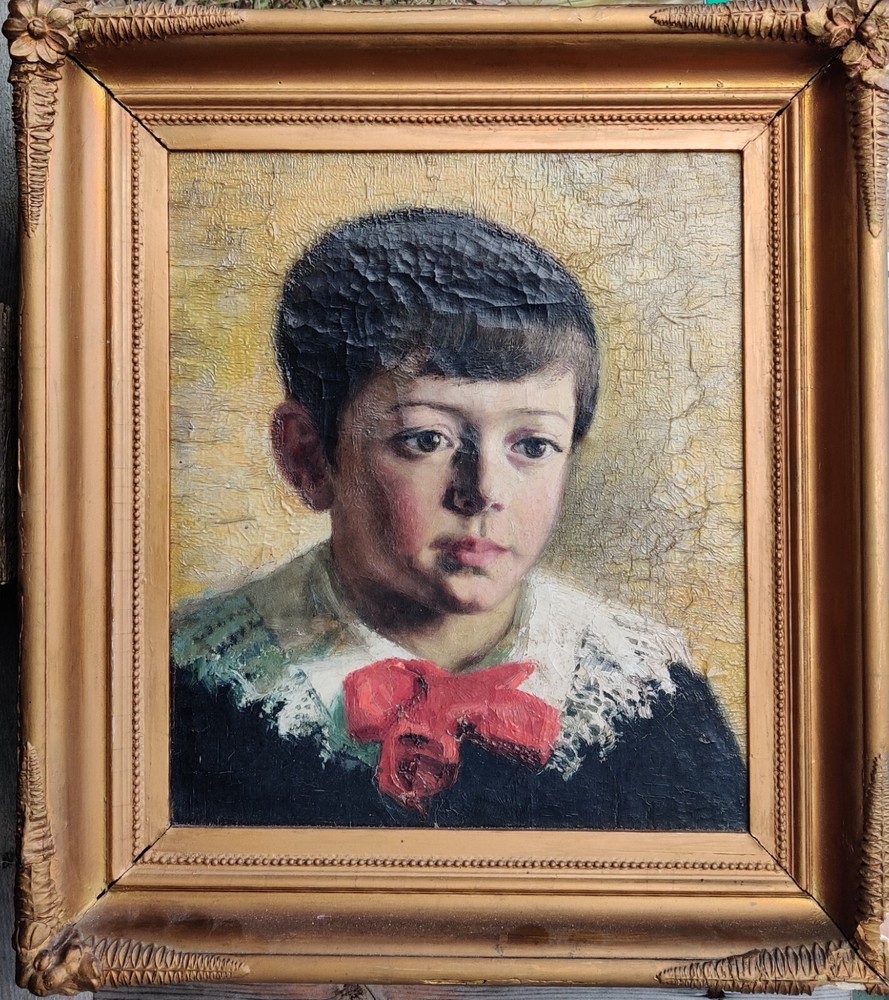 PORTRAIT OF A BOY WITH LACE COLLAR, beautiful original antique oil, dated 1887.