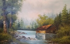 ORIGINAL OIL PAINTING GRIST MILL ON RIVER 24″ H X 36″ W SIGNED UNFRAMED