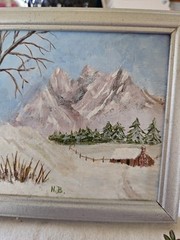 Mini VTG 1986 Oil Painting On Board Scenic Snow Winter Scene 4.75″ X 5.75″