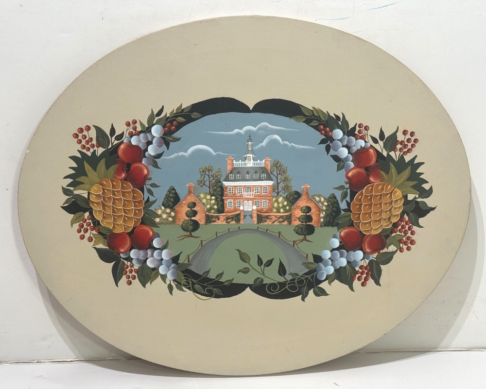 VINTAGE AMERICANA FOLK ART PAINTING VICTORIAN MANSION PINE CONE APPLE GRAPES ART