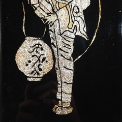 Reverse Painted Glass Foil Tinsel Art Panels Japanese Figures Pair 1910s-40s