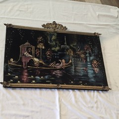 RARE MCM 1950s Art Deco Black Velvet Painting Metal Gold Split Frame 38×28