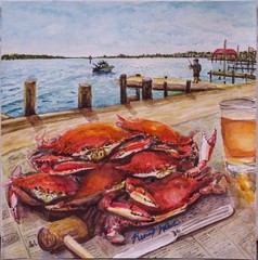 Original Watercolor Painting Maryland Blue Crabs Chesapeake Coastal Art Signed