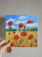 painting Field with red poppies and ears of wheat.  trees, blue sky, white cloud