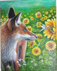 Original 14 x 11 Fox with Sunflowers Acrylic Canvas Wall Painting