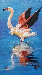 YARY DLUHOS Flamingo Wildlife Bird Nature Lake Water Original Art Oil Painting