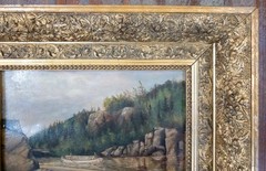 Antique Hudson River School Style Landscape Painting of Canal River Canalboat