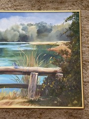Original Dianne James “Blue Jay” Oil Painting Framed Lake Scene Signed Large