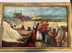 Vintage Native American Oil Painting “Navajo Rodeo & Bull Fight” by Bill Rakocy