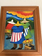 Signed Fredy Milian 1998 Caribbean Folk Art Painting Framed Women Fruit Basket