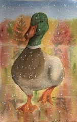 Original watercolor painting Mallard Duck Frozen Lake winter fall decor wall art