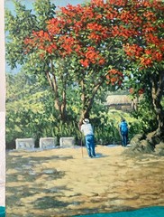 Jorge Romero vintage 80’s painting Campo y Flamboyanes -Puerto Rico Art Latin Am