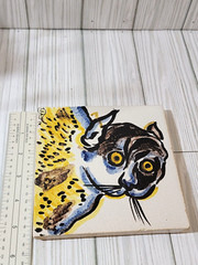 Mixed Media Cat Ceramic Tile Slab Painted Undated Signed Yellow Signed S.SA.