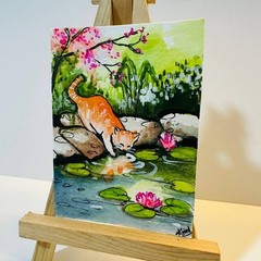 Cat Lotus Pond ACEO Original Watercolor Painting Nature Garden Landscape Art