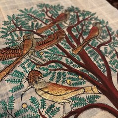 “Birds In Tree Scene“ Rice Paper Painting, Egyptian Tree Of Life