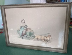 Antique 1850s Watercolor Painting Ferdinand Marohn Signed Winter Girl Dogs Sled