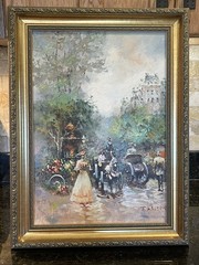 Johnny Gaston City Scene W/Carriges Oil Painting Framed Signed ￼15 1/4x 20 1/4 T