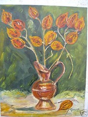 Beautiful oil sig TWINS still life „flowers and pitcher