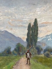 HOLGER H. JERICHAU 1861-1900 ITALIAN LANDSCAPE MOUNTAINS FARMER FIELD ROAD COW