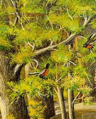 Small Vintage Bird Painting, Robin in the Woods with Stream, Unsigned