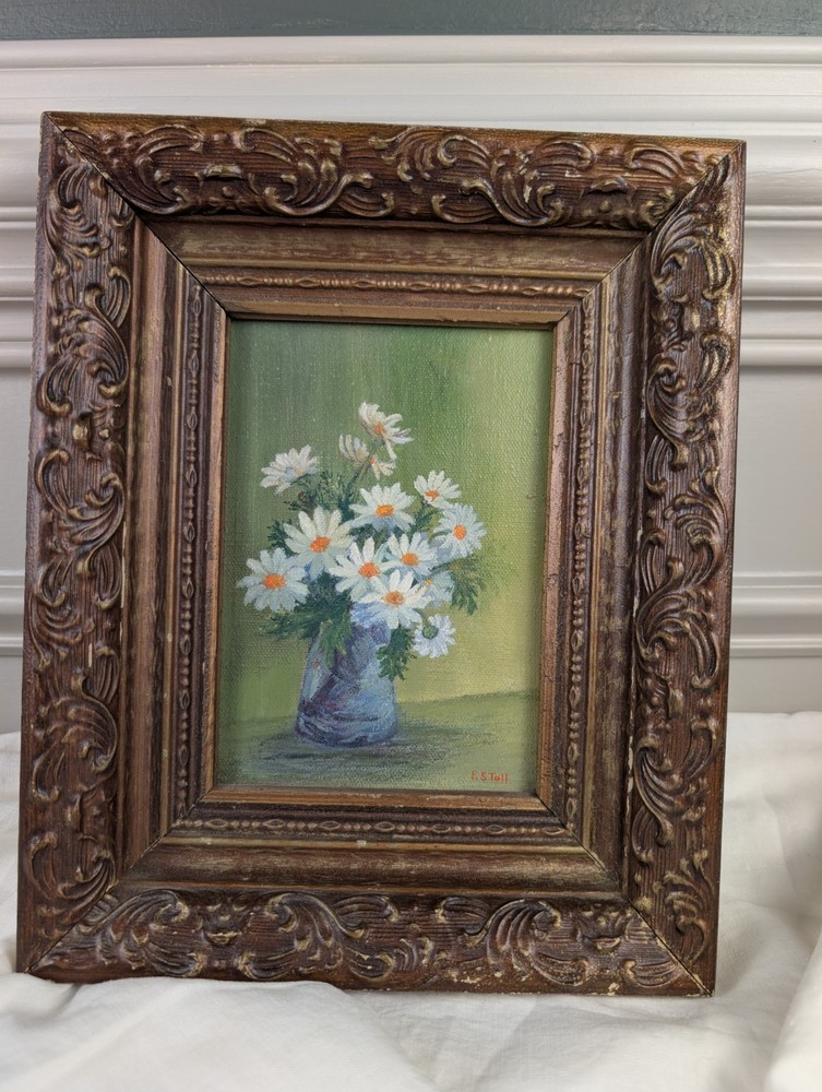 Vintage Original Floral Painting „Daisies“ by Florence Stoll Signed Framed Art
