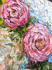 ORIGINAL Painting OIL impasto “ Hydrangea & ROSES in VASE“ 8″x8″ by Olga Diduh