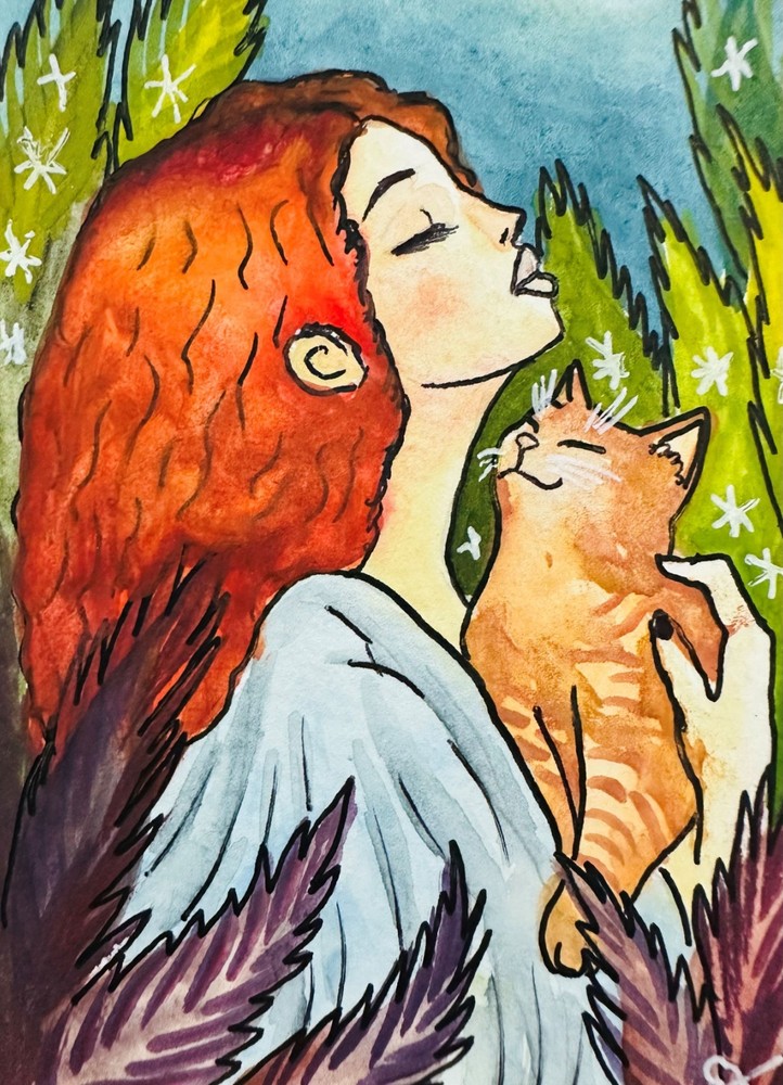 Redhead Woman Cat ACEO Original Watercolor Painting Portraiture Style Floral Art
