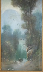 Antique Painting of Traditional Mountain Landscape with Waterfall Signed Calveri