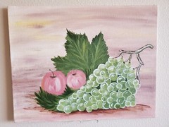 Handmade Painting Acrylic Art Panel 11x14x1/16 Decor White Grapes Apples Leaves