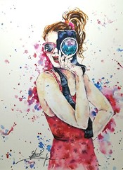 Original Watercolor Girl Photographer Painting – Modern Fashion Wall Art 13″x10″
