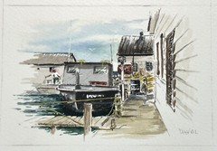Watercolor Painting Fishing Boat Unloading Catch At Harbor 4×6″ Fine Art Davel