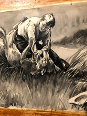 Signed Published Dramatic Illustration Art Drawing Boy Fighting Off Wolf