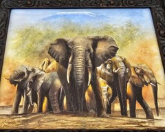 Kenyan Artist RICHARD KIMEMIA African Painting Elephant Family CARVED WOOD FRAME