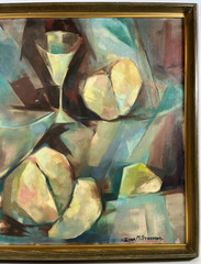 ZORA STEENSON CUBIST WINE FRUIT STILL LIFE ABSTRACT MID CENTURY MCM OIL PAINTING