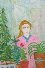 Celeste Radloff (1930-1994) British naive portrait oil painting Girl With Plants