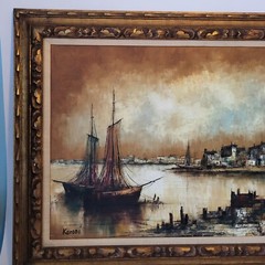 44×32 Original Oil Painting Signed Karoni seaside Bay Sea View Nautical Boat Bay