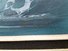 Waves Crashing on Shore Seascape Oil on Canvas, Signed, Framed 30×18 Blue Tones