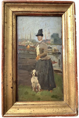 19th Century French Impressionism Woman and his Dog by the Seine Antique Oil