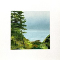 8×8 PNW Original Oil Painting Seascape Pine Tree Coastal Ecola State Park Signed