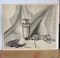 Mid Century Still Life Watercolor Painting 18×15 Monochrome Signed J Hallar