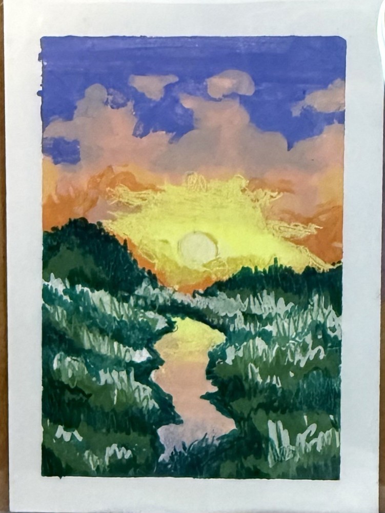 ACEO Art Card Sunset River Landscape Original Acrylic Painting