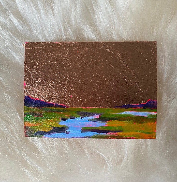 ORIGINAL oil painting ELECTRIC MARSH landscape gold leaf Horizontal- ACEO ATC