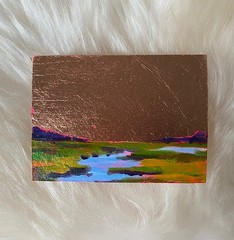 ORIGINAL oil painting ELECTRIC MARSH landscape gold leaf Horizontal- ACEO ATC