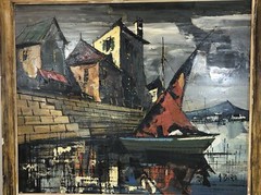 Original Oil Canvas Painting Akos Biro Modernist Impressionist Dock Scene Signed